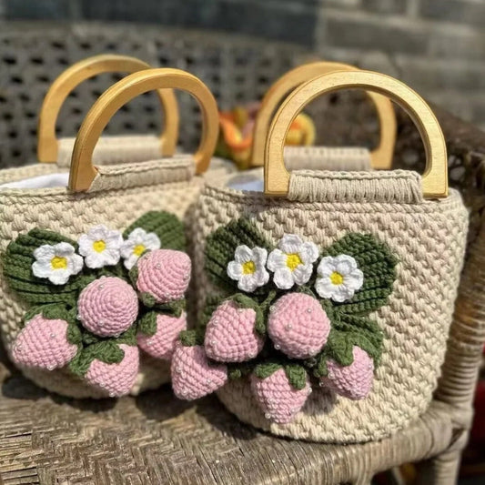 【$179.99 Cream Strawberry Wooden Handle Braided Bag】